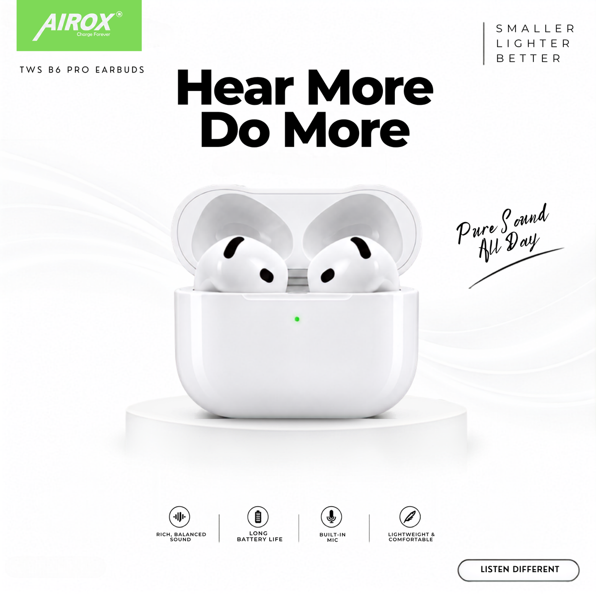 Airox TWS B6 Pro Wireless Earbuds β Clear Sound, Bluetooth & Portable Charging Case