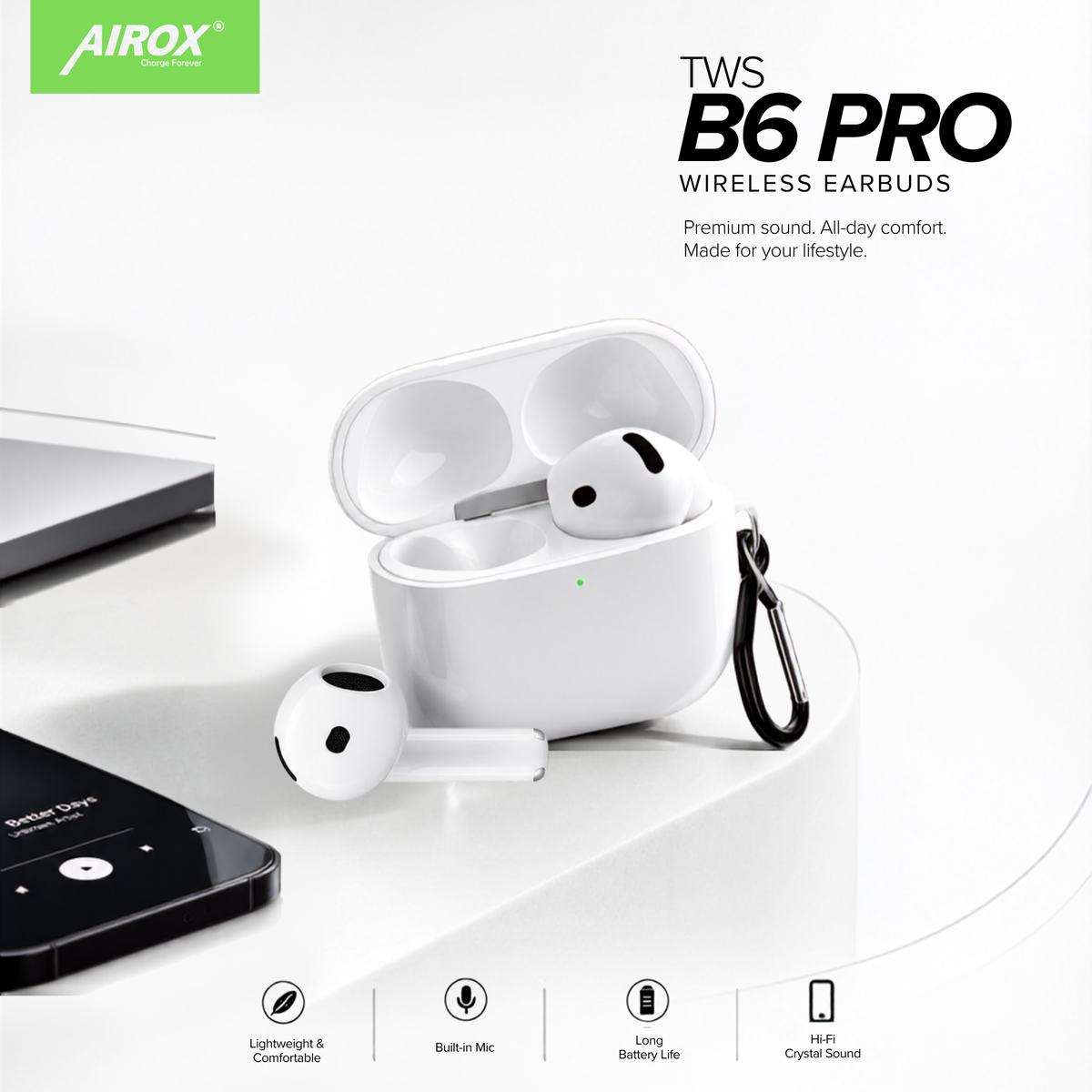Airox TWS B6 Pro Wireless Earbuds – Clear Sound, Bluetooth & Portable Charging Case