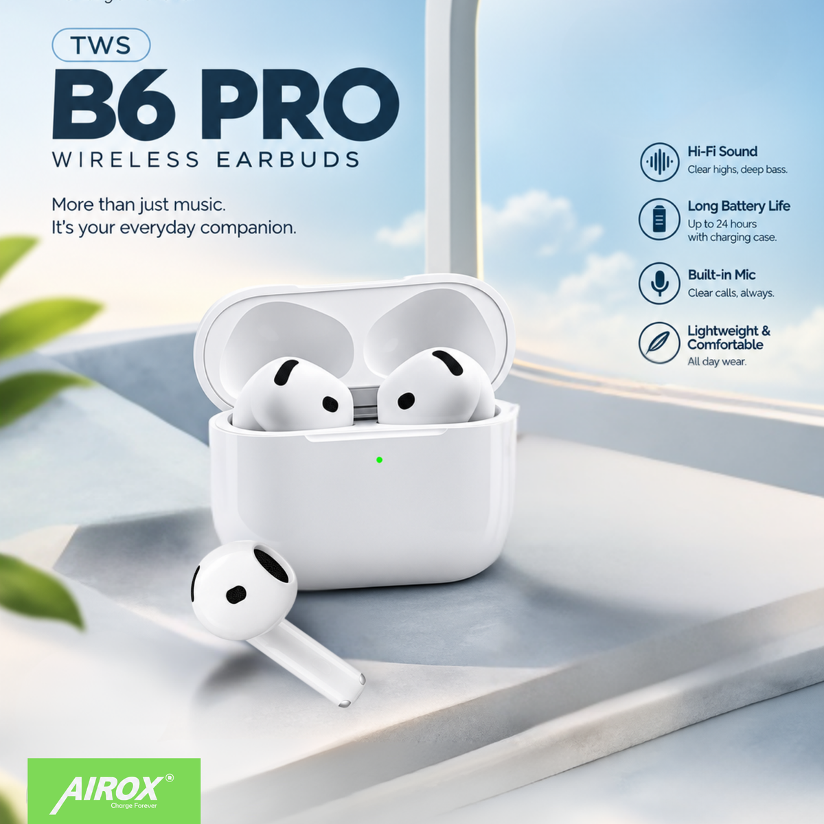 Airox TWS B6 Pro Wireless Earbuds – Clear Sound, Bluetooth & Portable Charging Case