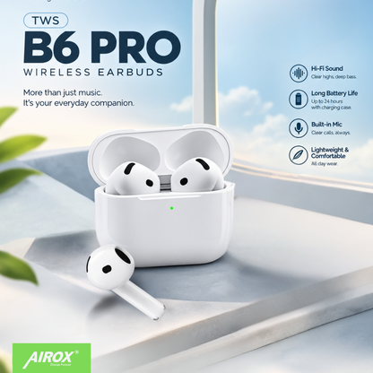 Airox TWS B6 Pro Wireless Earbuds – Clear Sound, Bluetooth & Portable Charging Case